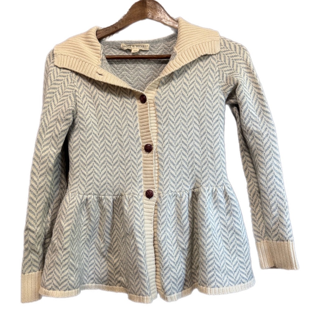 Hope & Henry Peplum Cardigan Girls L Blue Herringbone Organic Cotton Excellent